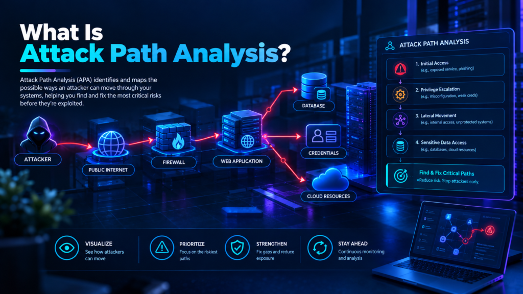 Attack Path Analysis illustration showing how an attacker could move from the public internet through a web application to credentials, databases, and cloud resources.