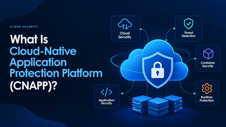 Dark blue cloud security infographic titled “What Is Cloud-Native Application Protection Platform (CNAPP)?” featuring a secured cloud with a shield and lock, surrounded by cloud security, threat detection, container security, runtime protection, and application security icons.