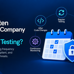 Dark blue cybersecurity infographic titled “How Often Should a Company Perform Security Testing?” featuring a calendar and security shield, with callouts for regular testing, code changes, infrastructure updates, threat response, major releases, and continuous monitoring.