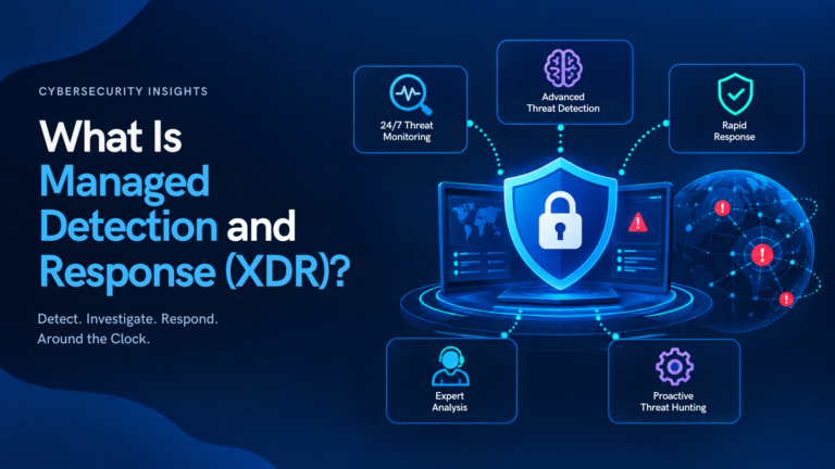 Dark cybersecurity illustration showing Managed Detection and Response (MDR), with a security shield, threat monitoring dashboard, global threat alerts, and features like rapid response and 24/7 monitoring.