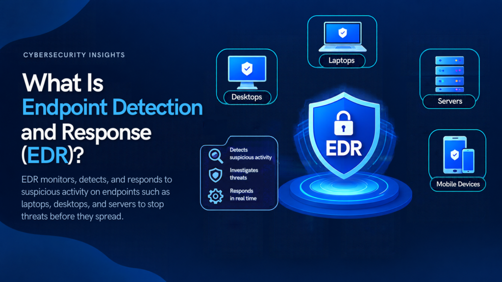 Dark blue cybersecurity infographic titled “What Is Endpoint Detection and Response (EDR)?” featuring a central EDR shield and lock connected to laptops, desktops, servers, and mobile devices, illustrating suspicious activity detection, threat investigation, real-time response, early threat detection, faster incident response, improved visibility, and stronger endpoint security.