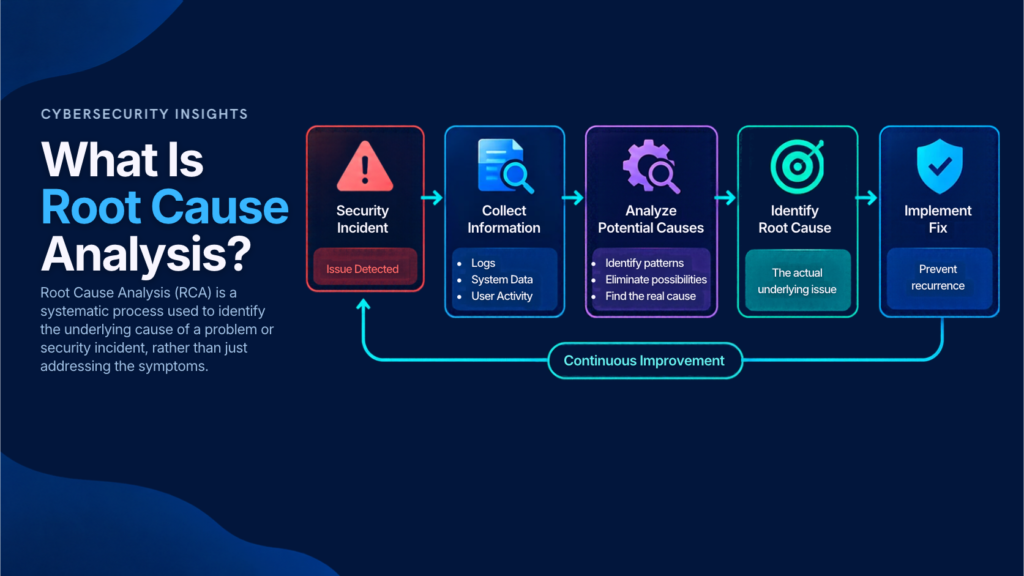 Dark blue cybersecurity infographic explaining Root Cause Analysis (RCA), showing five steps: identifying a security incident, collecting information, analyzing causes, finding the root cause, and implementing fixes to prevent recurring issues.