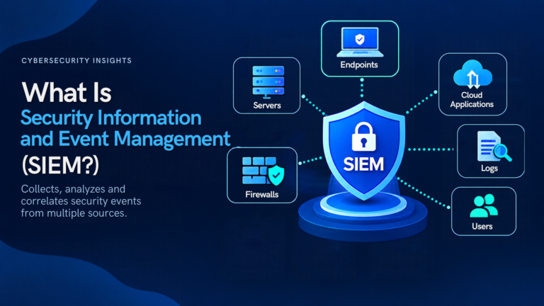 Dark blue cybersecurity infographic titled “What Is Security Information and Event Management (SIEM)?” featuring a central SIEM shield connected to servers, endpoints, firewalls, cloud applications, logs, and users, highlighting early threat detection, event correlation, improved visibility, and stronger security.