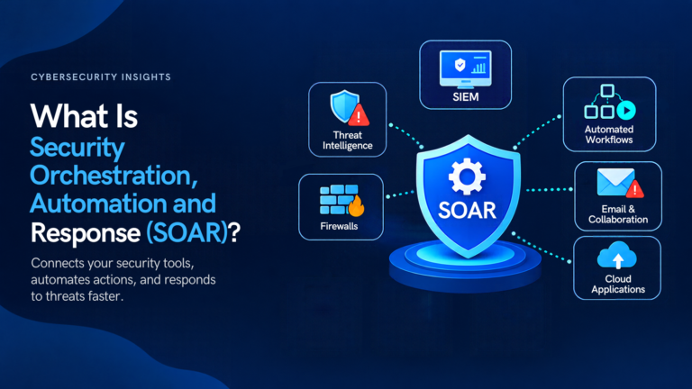 Dark blue cybersecurity infographic titled “What Is Security Orchestration, Automation and Response (SOAR)?” featuring a central SOAR shield connected to SIEM, threat intelligence, firewalls, automated workflows, email, and cloud applications, highlighting faster response, task automation, tool integration, and stronger security.