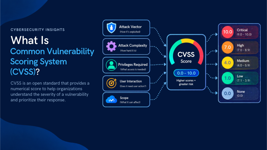 Dark blue cybersecurity infographic explaining CVSS, showing vulnerability scoring from 0.0 to 10.0, key scoring factors, and severity levels from None to Critical. Highlights risk prioritization and vulnerability management.