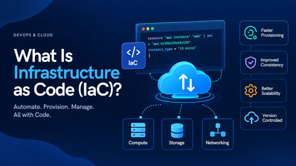 Dark blue DevOps and cloud infographic titled “What Is Infrastructure as Code (IaC)?” featuring a code editor, cloud infrastructure, and icons for compute, storage, networking, faster provisioning, improved consistency, better scalability, and version control.