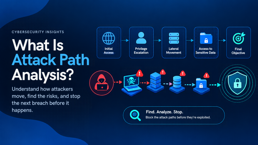 Dark blue cybersecurity infographic titled “What Is Attack Path Analysis?” showing an attacker moving through initial access, privilege escalation, lateral movement, sensitive data access, and a final objective, with warning indicators and a protected shield representing attack path analysis.
