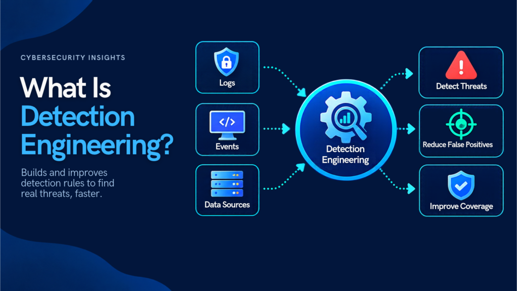 Dark blue cybersecurity infographic titled “What Is Detection Engineering?” illustrating how logs, events, and data sources feed into detection engineering to detect threats, reduce false positives, and improve security coverage.