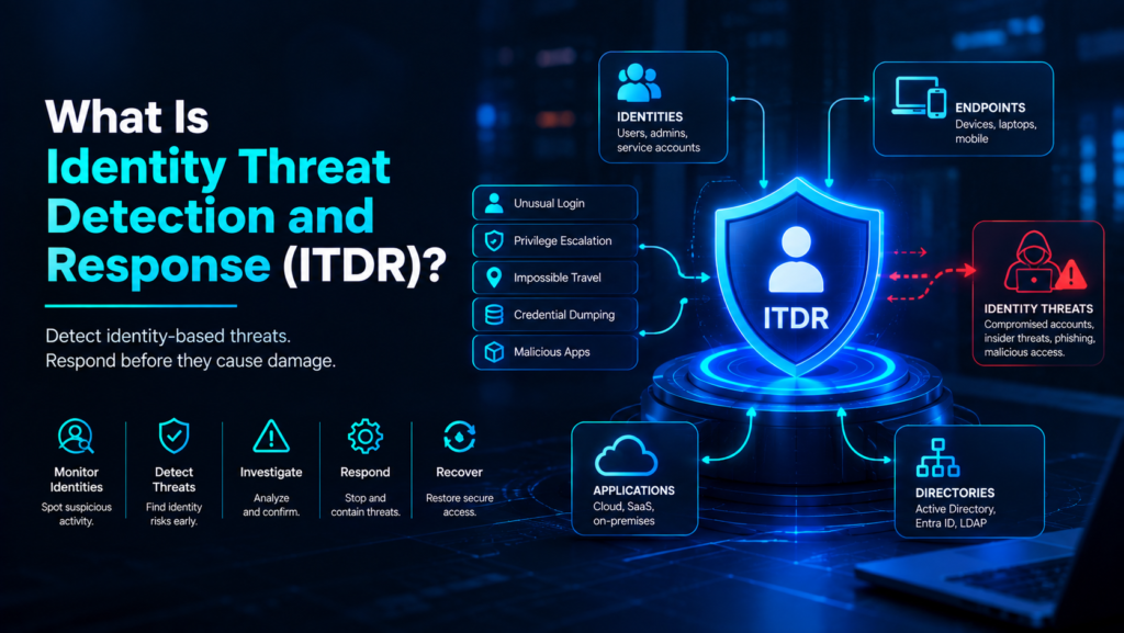 Cybersecurity illustration explaining ITDR with identity monitoring, threat detection, investigation, response, and recovery.