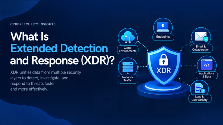Dark blue cybersecurity infographic titled “What Is Extended Detection and Response (XDR)?” featuring a central XDR shield and lock connected to endpoints, cloud environments, network traffic, email and collaboration, applications and data, and logs and user activity, highlighting better threat detection, faster incident response, improved visibility, and simplified security operations.