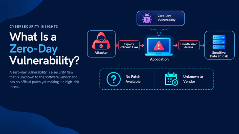 Dark blue cybersecurity infographic explaining a zero-day vulnerability, showing an attacker exploiting an unknown software flaw to gain unauthorized access and put sensitive data at risk. Highlights the lack of an available patch, vendor awareness, threat monitoring, and rapid patching.